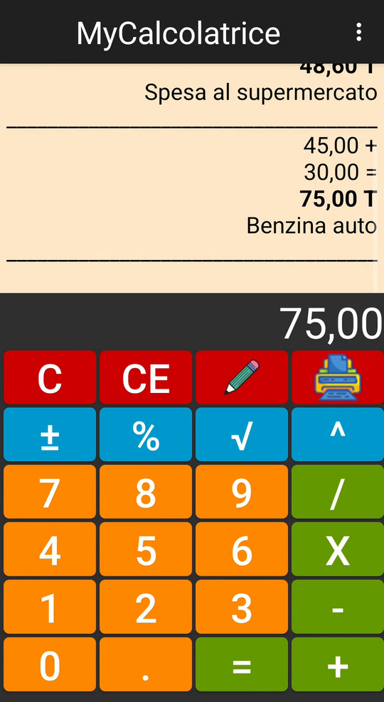 MyCalcolatrice: lo scontrino con le note e i tasti della calcolatrice